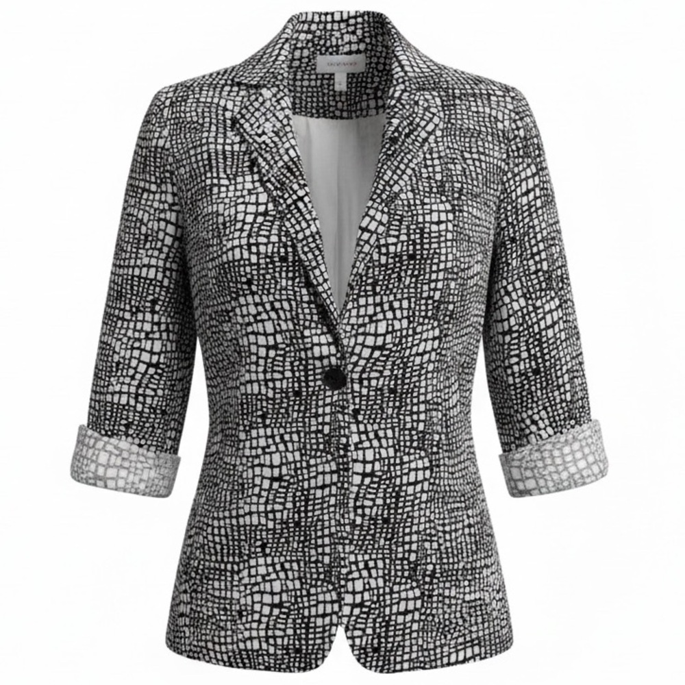 CHICO’S Windowpane Blazer/Jacket w/Pebble Pattern in BLK & OFF WHT SZ 1